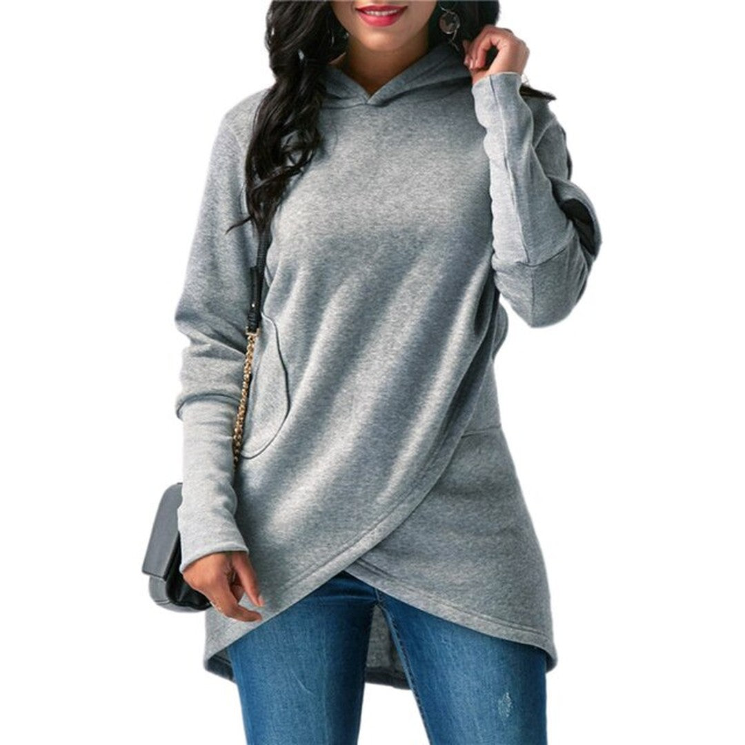 Woman wearing the Hattie women's hooded hoodie, flatlay view