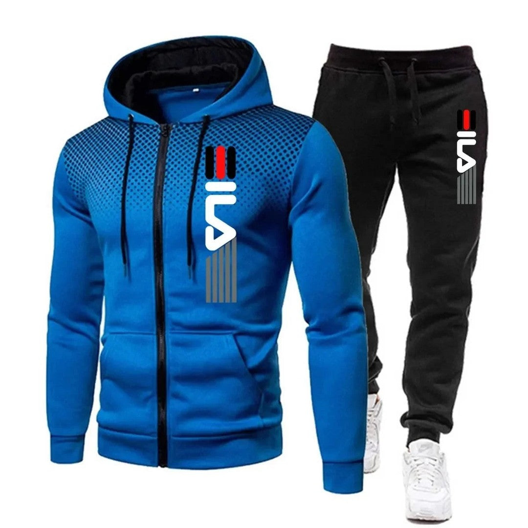 Man wearing the Hayes men's sporty cotton set, detail view