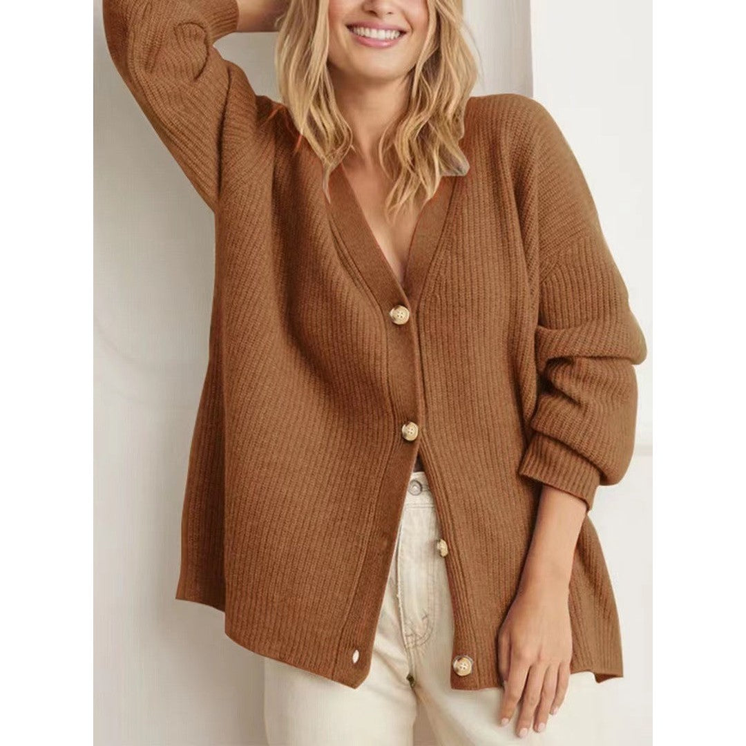 Woman wearing the Helena women's knit sweater, detail view