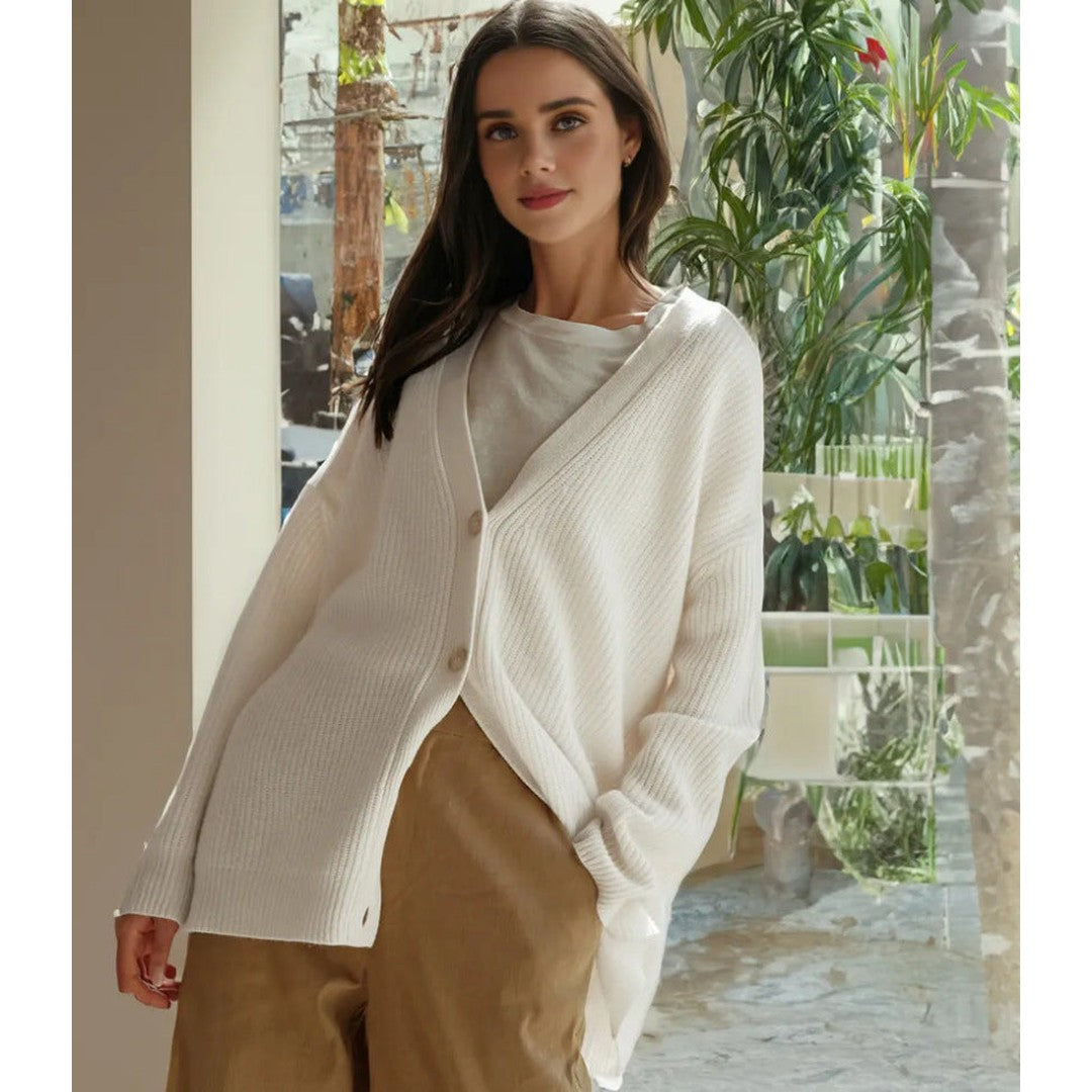 Woman wearing the Helena women's knit sweater, model view