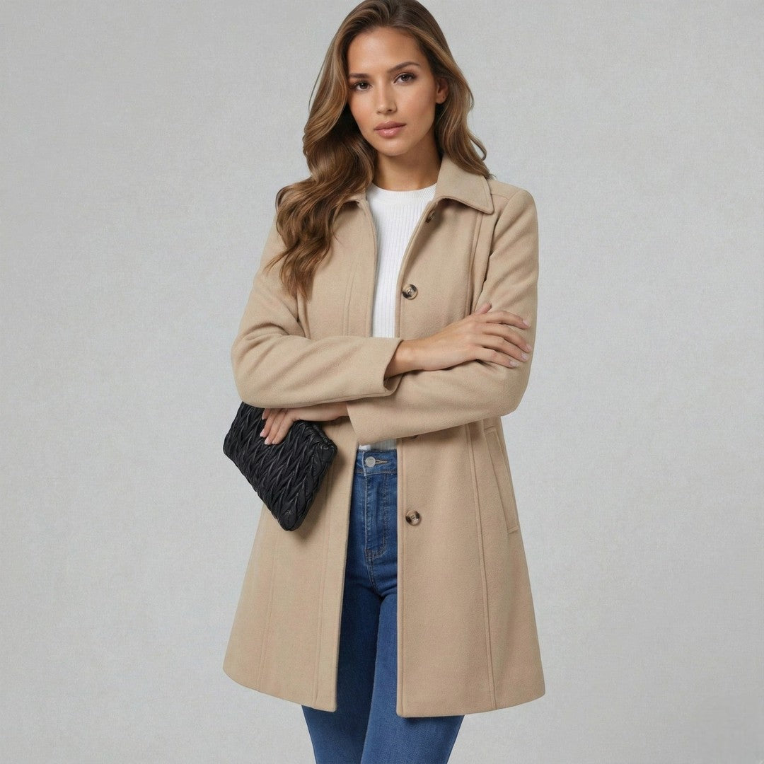 Woman wearing the Ida women's elegant coat, 13 view