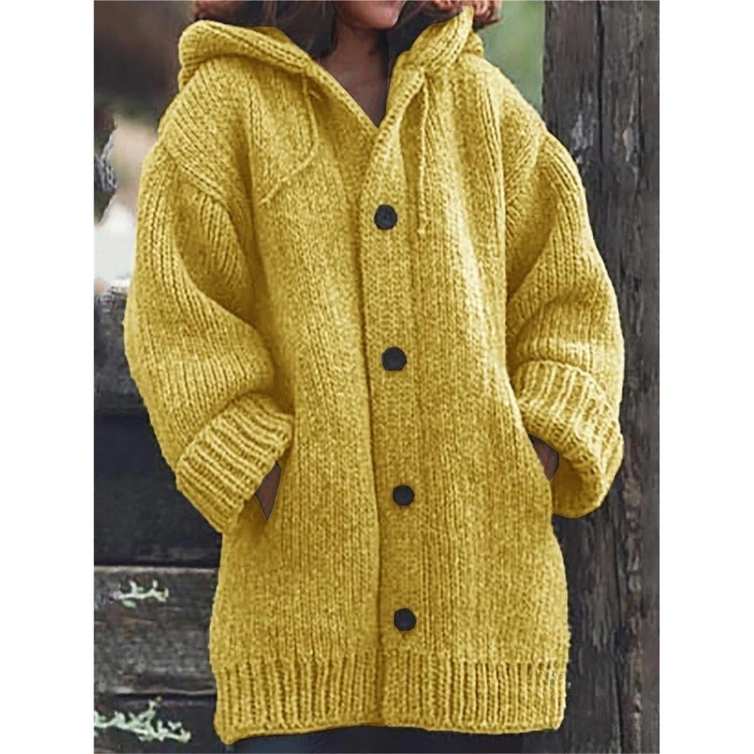Woman wearing the Idony women's hooded knit long-sleeve cardigan, front view