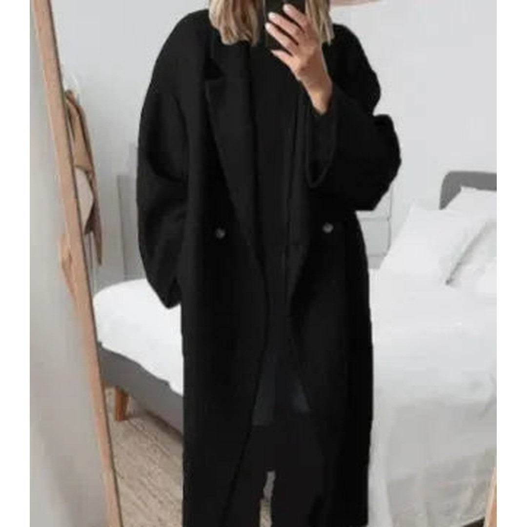 Woman wearing the Ilse women's coat, flatlay view