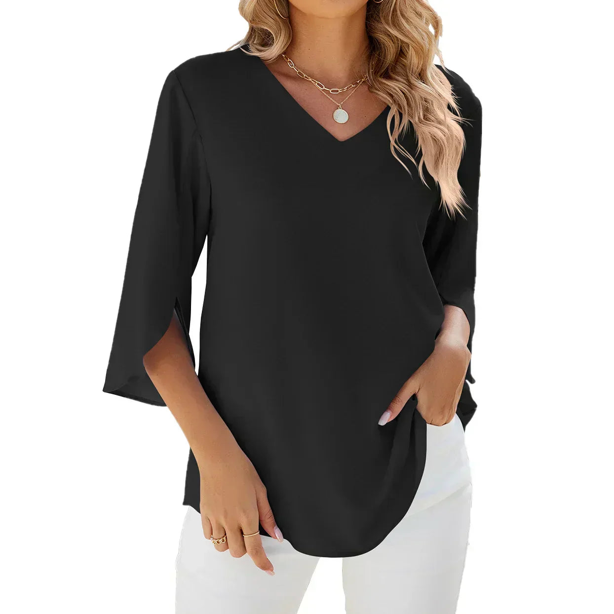 Alina | Women's V-Neck Split Sleeve Flowing Blouse