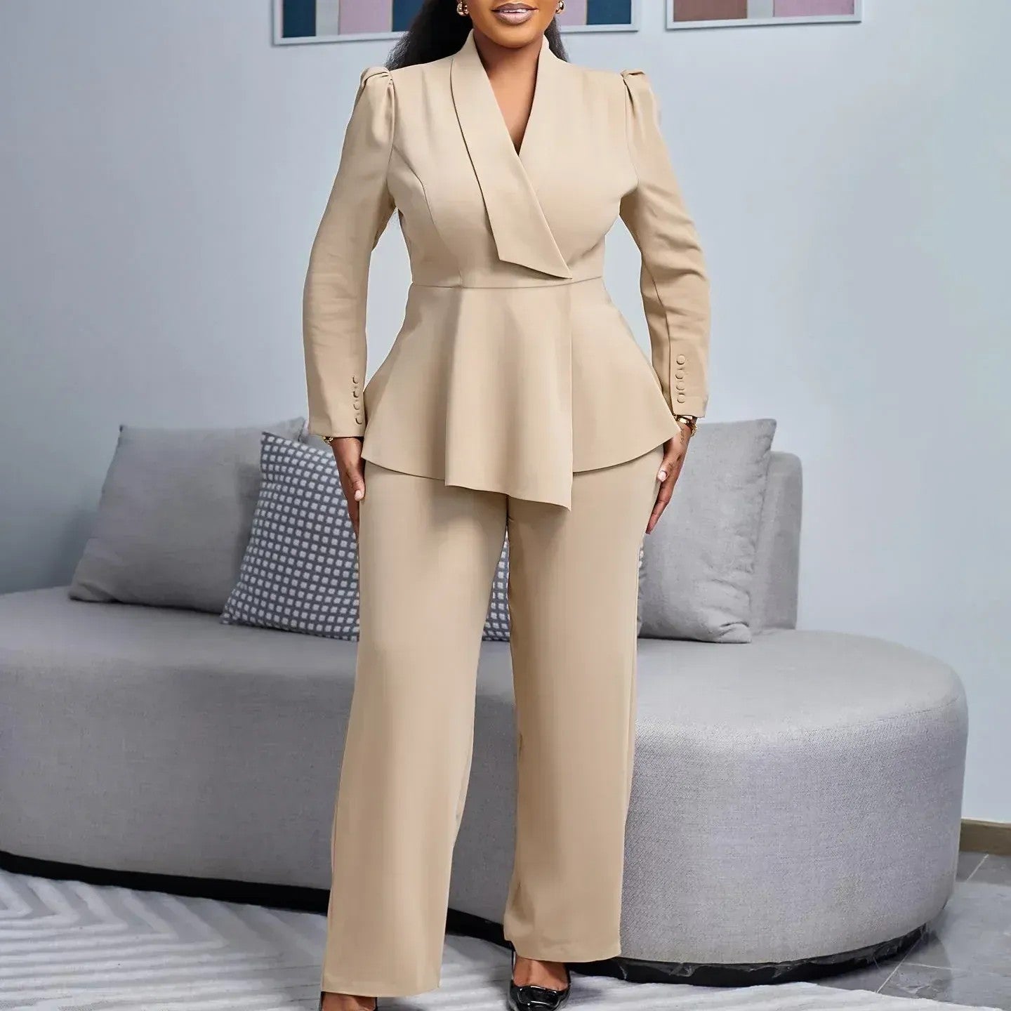 Valeria | Women's Peplum Blazer And Wide Leg Suit Set