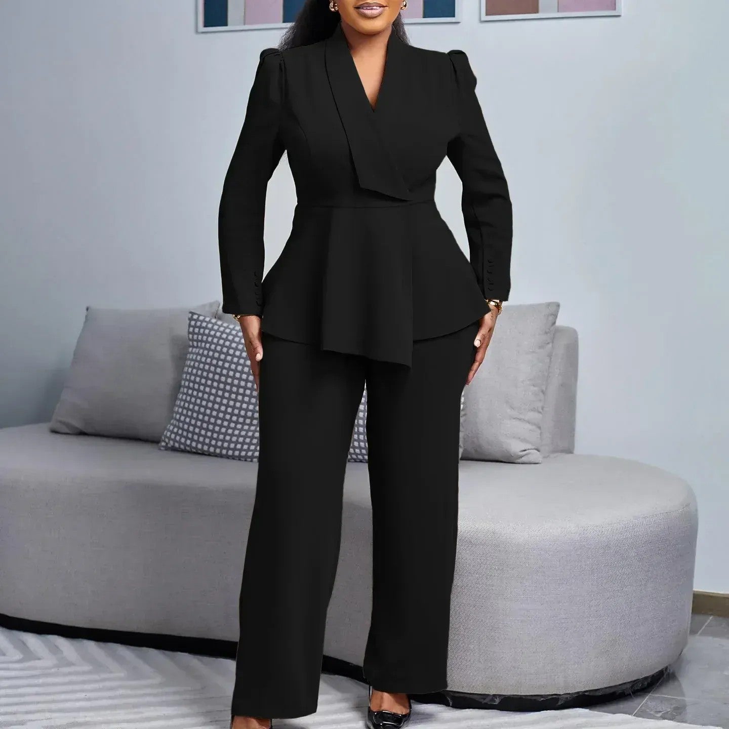 Valeria | Women's Peplum Blazer And Wide Leg Suit Set