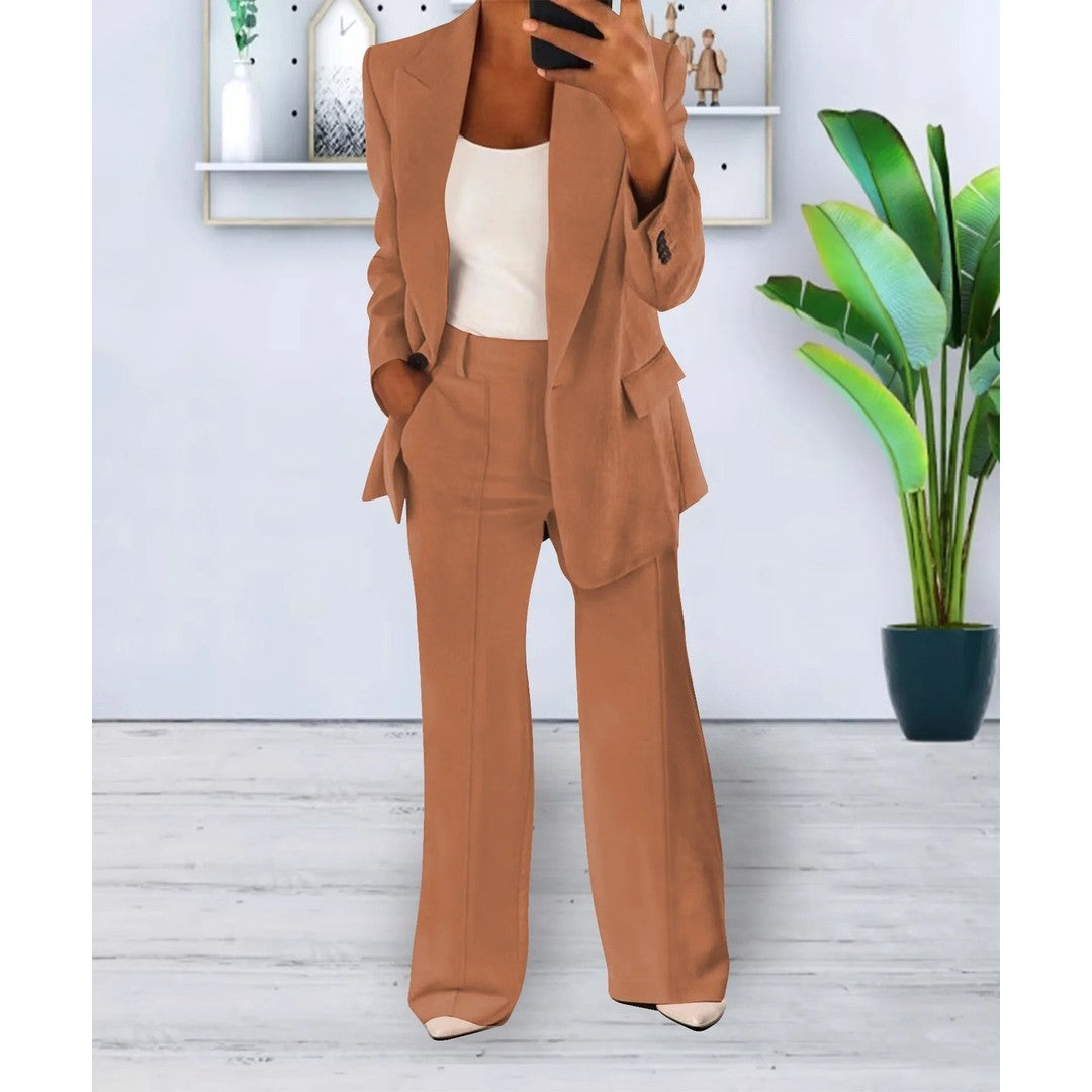 Woman wearing the Imogen women's straight-leg pants, flatlay view