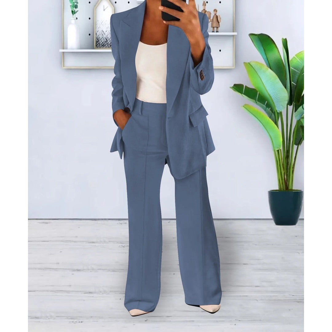 Woman wearing the Imogen women's straight-leg pants, side view