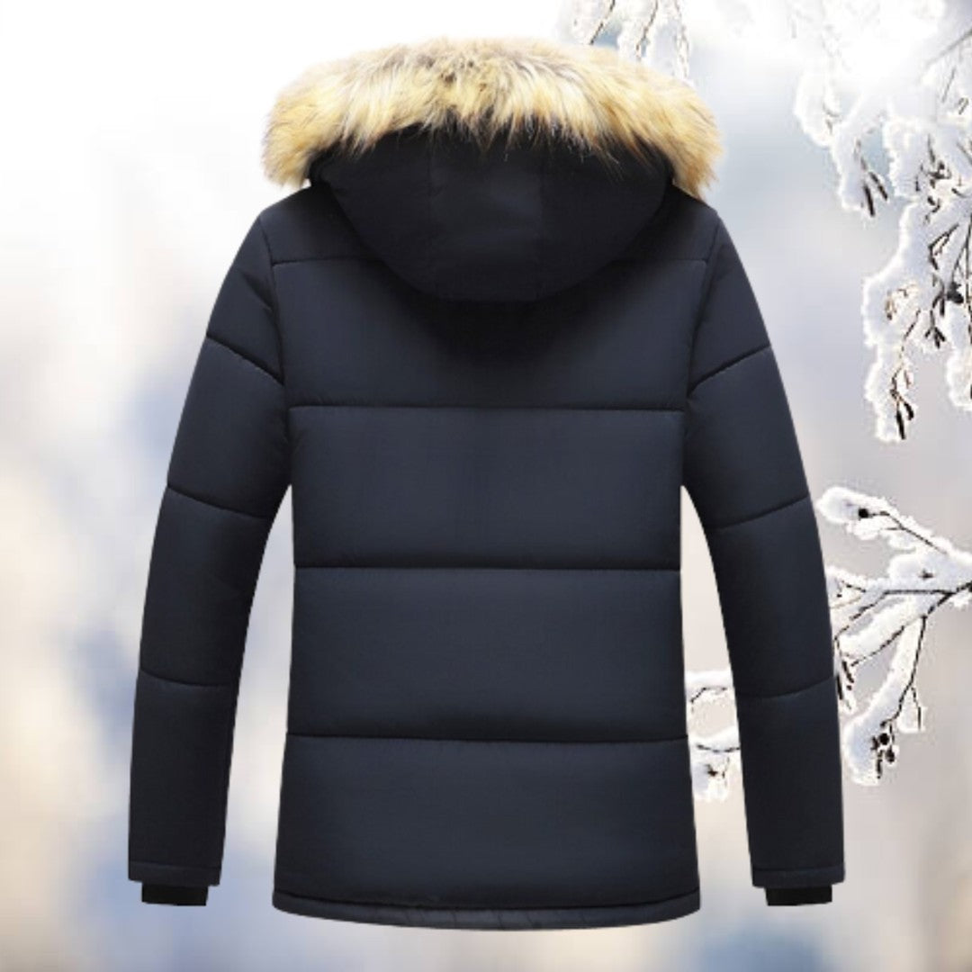 Man wearing the Isaiah men's hooded parka, back view