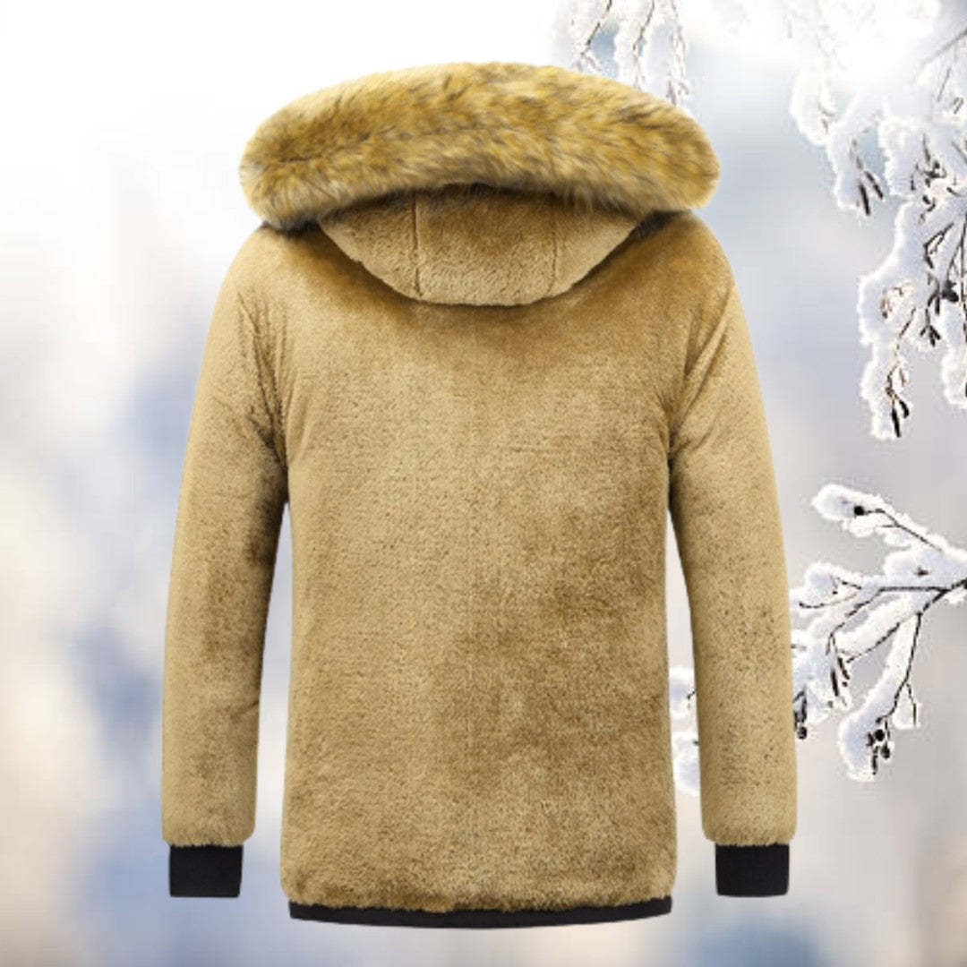 Man wearing the Isaiah men's hooded parka, side view