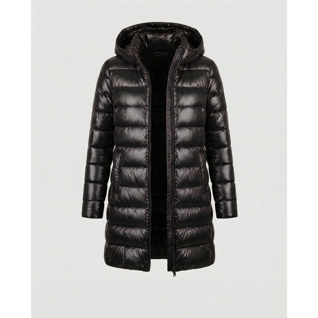 Woman wearing the Isla women's hooded jacket, flatlay view