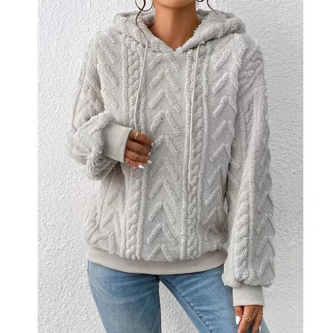 Woman wearing the Isolde women's sweatshirt, front view