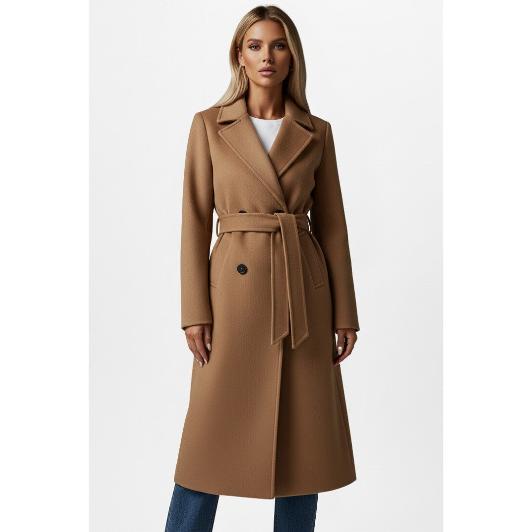 Woman wearing the Ivana women's coat, flatlay view
