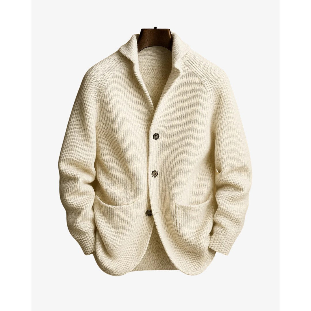 Man wearing the Jasper men's tailored knit button-up cardigan, detail view