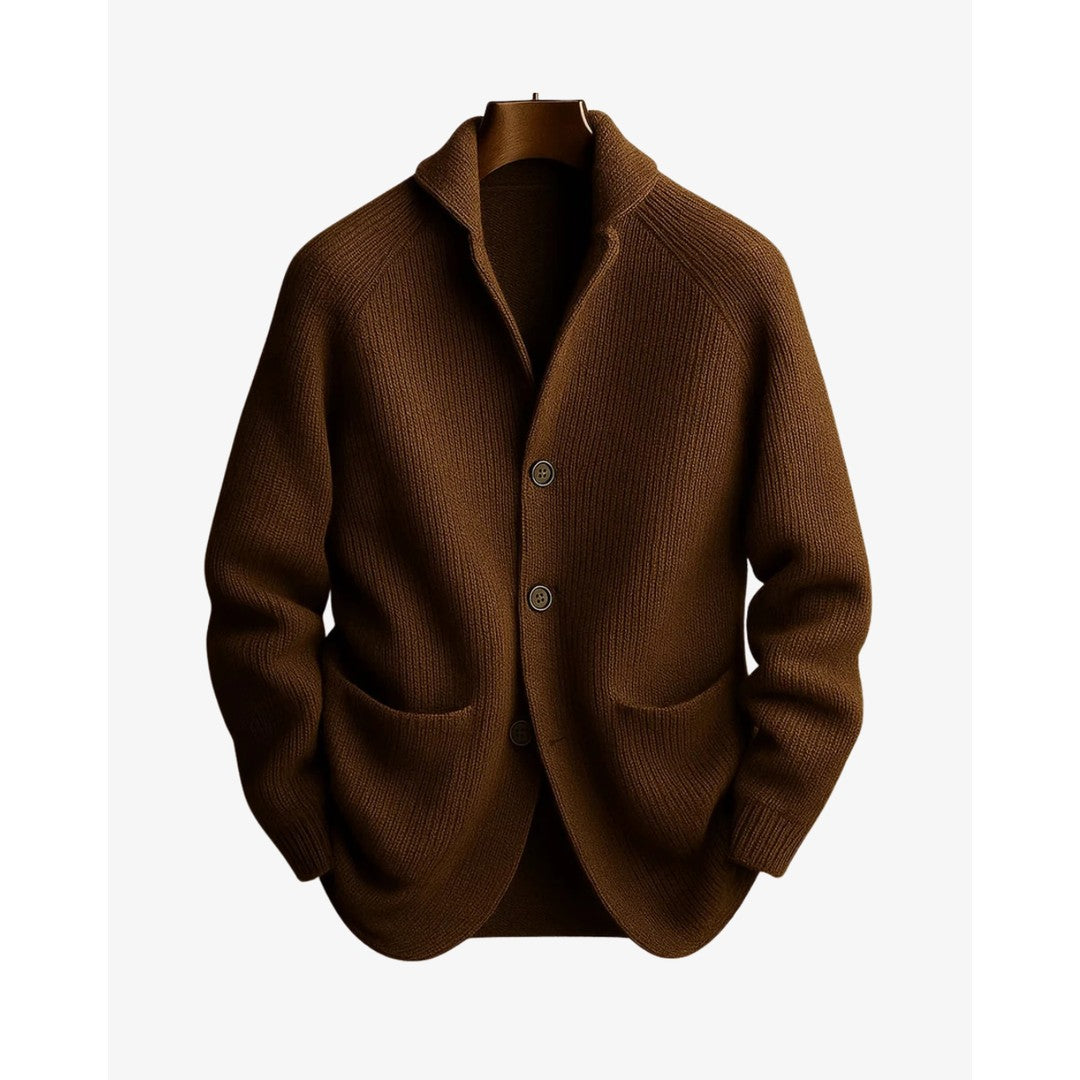 Man wearing the Jasper men's tailored knit button-up cardigan, side view