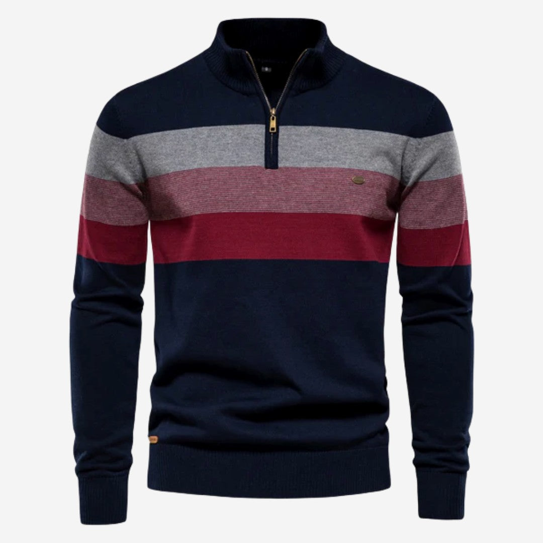 Man wearing the Joaquin men's zip-up sweater, side view