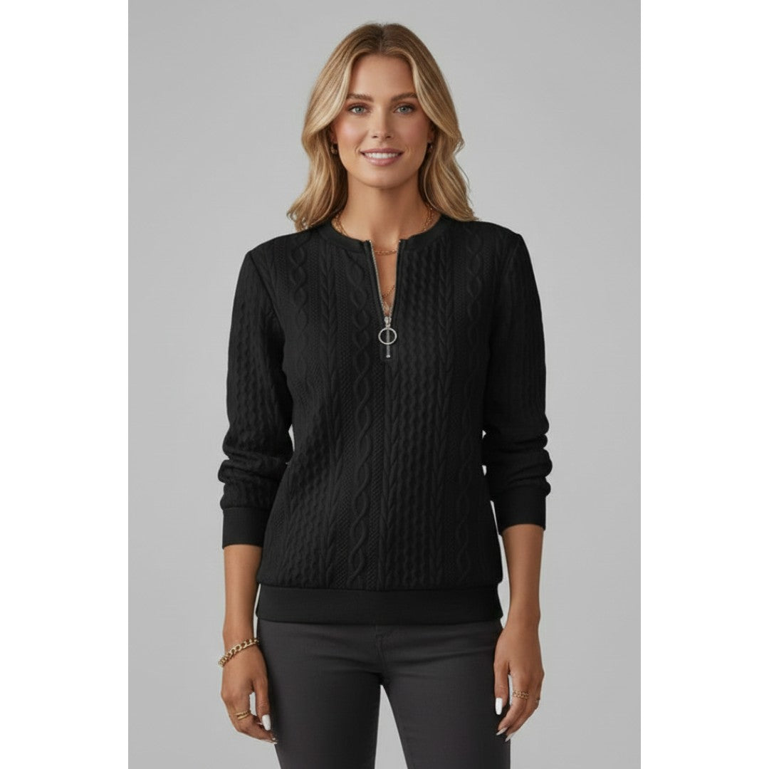 Woman wearing the Josefina women's knit zip-up sweater, back view