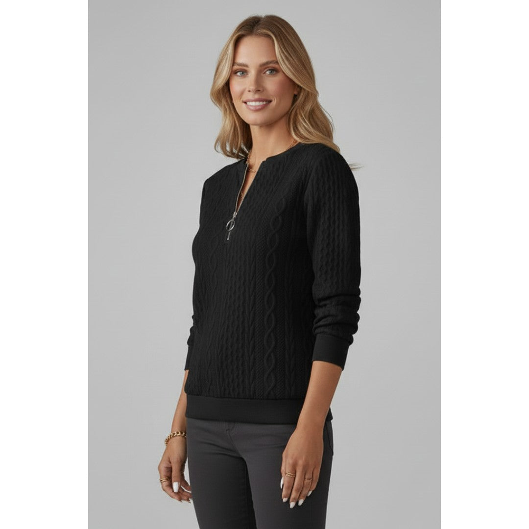 Woman wearing the Josefina women's knit zip-up sweater, model view