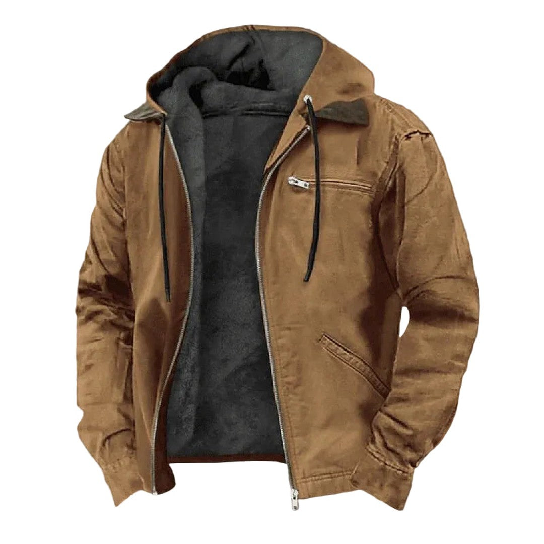 Man wearing the Jude men's straight-leg hooded jacket in brown, front view