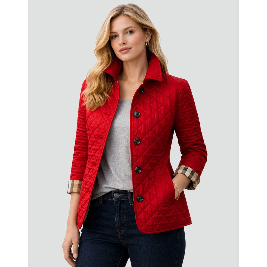 Woman wearing the Junia women's quilted coat, detail view