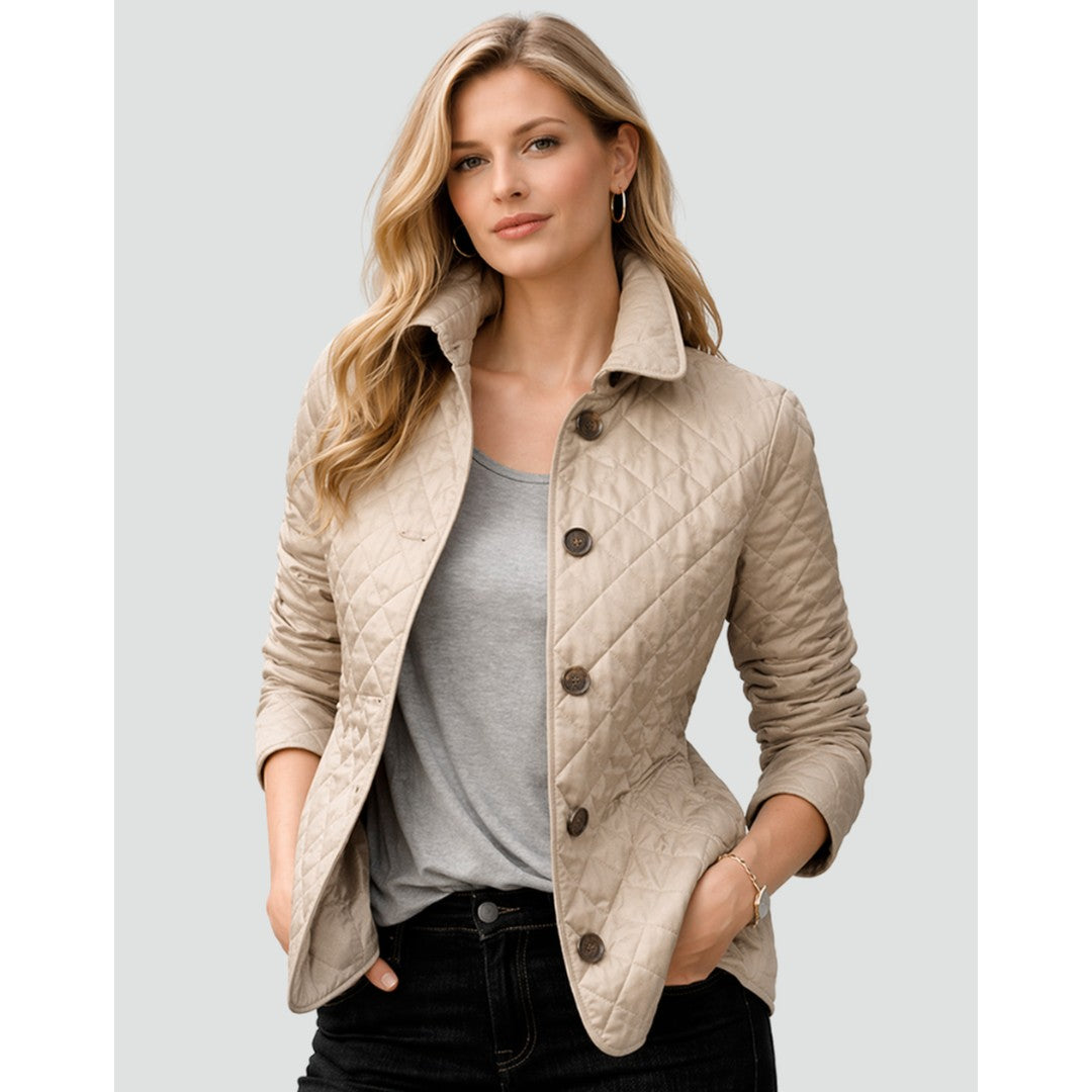 Woman wearing the Junia women's quilted coat, side view