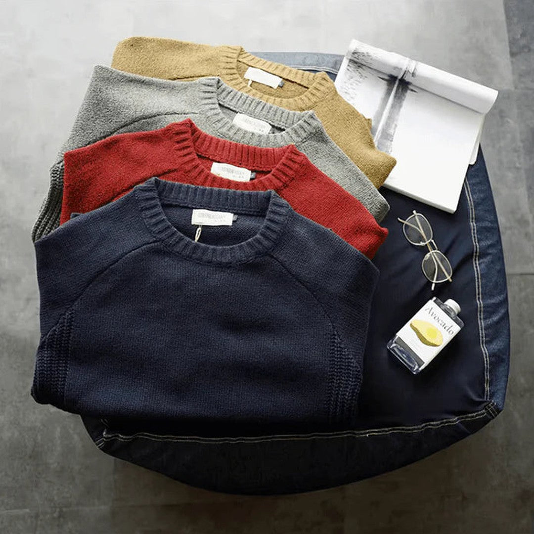 Man wearing the Kai men's knit classic sweater, flatlay view