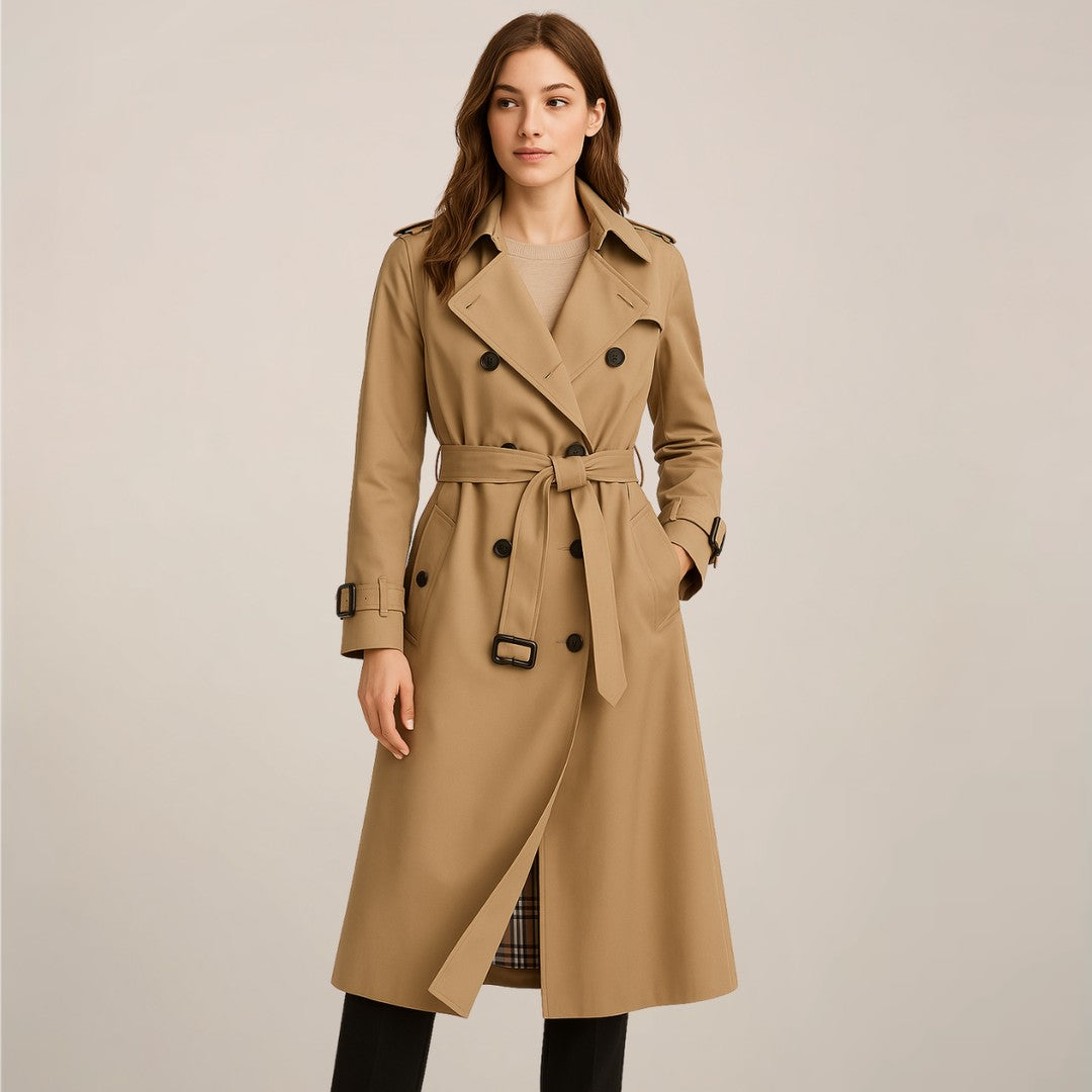 Woman wearing the Karina women's collared cotton classic trench coat, front view