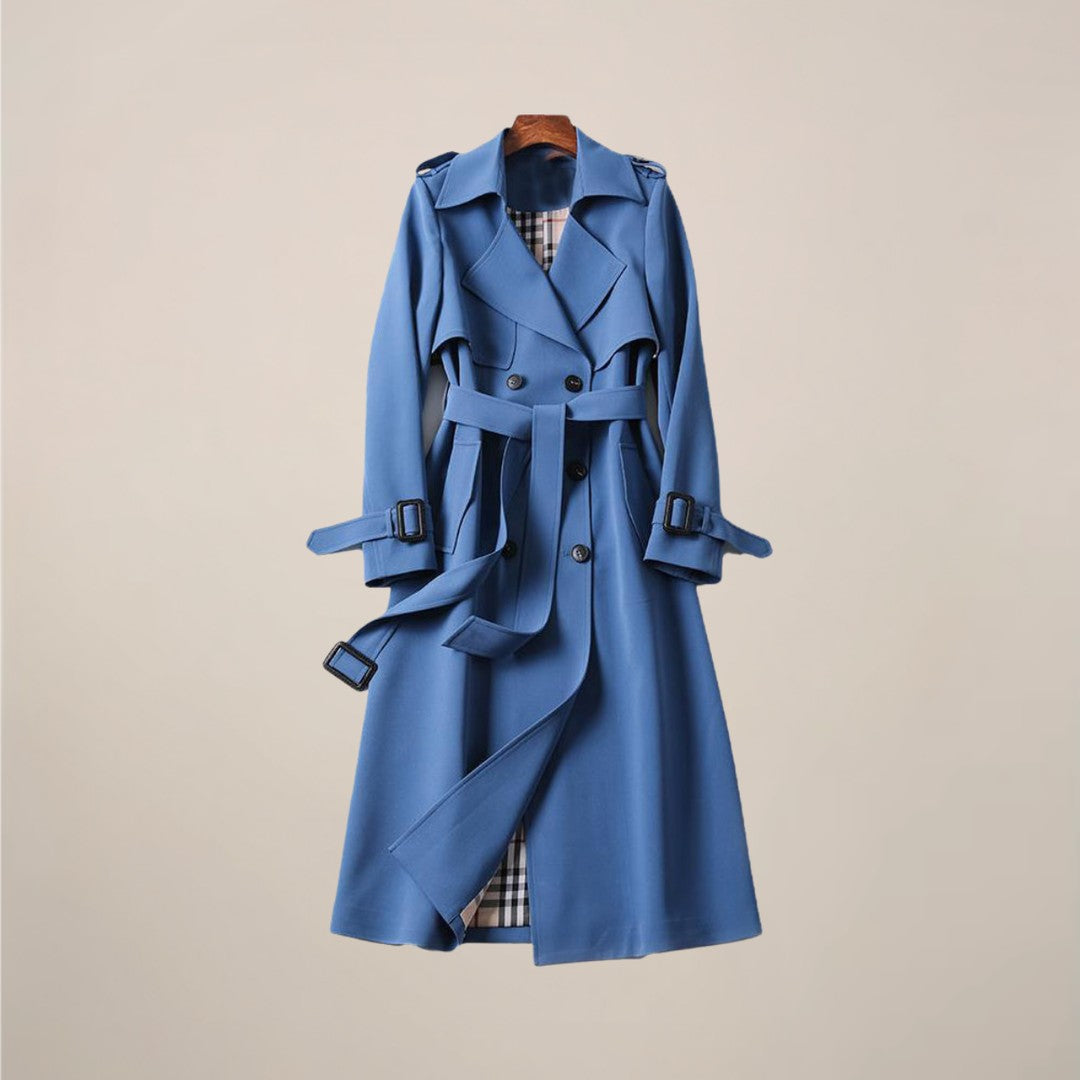 Woman wearing the Karina women's collared cotton classic trench coat, model view