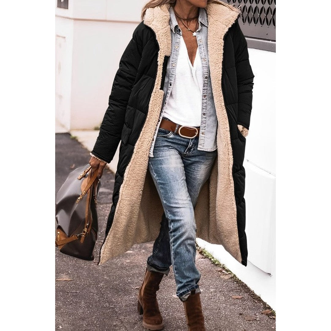 Woman wearing the Katarina women's long-sleeve coat, back view