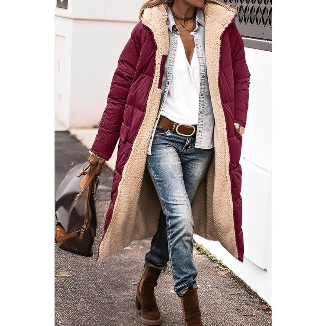 Woman wearing the Katarina women's long-sleeve coat, flatlay view