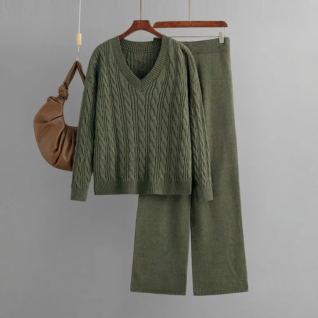 Woman wearing the Katya women's v-neck set, detail view