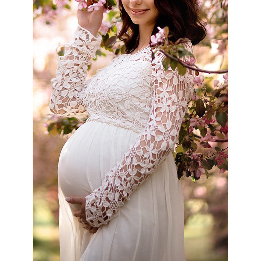 Woman wearing the Kerensa women's maxi crewneck chiffon long-sleeve dress, 8 view