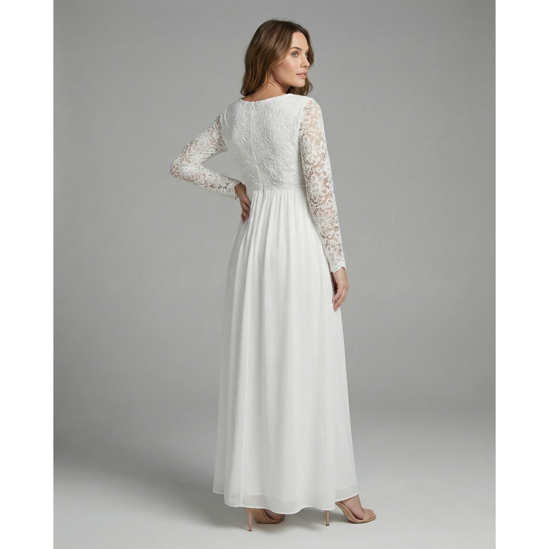 Woman wearing the Kerensa women's maxi crewneck chiffon long-sleeve dress, back view
