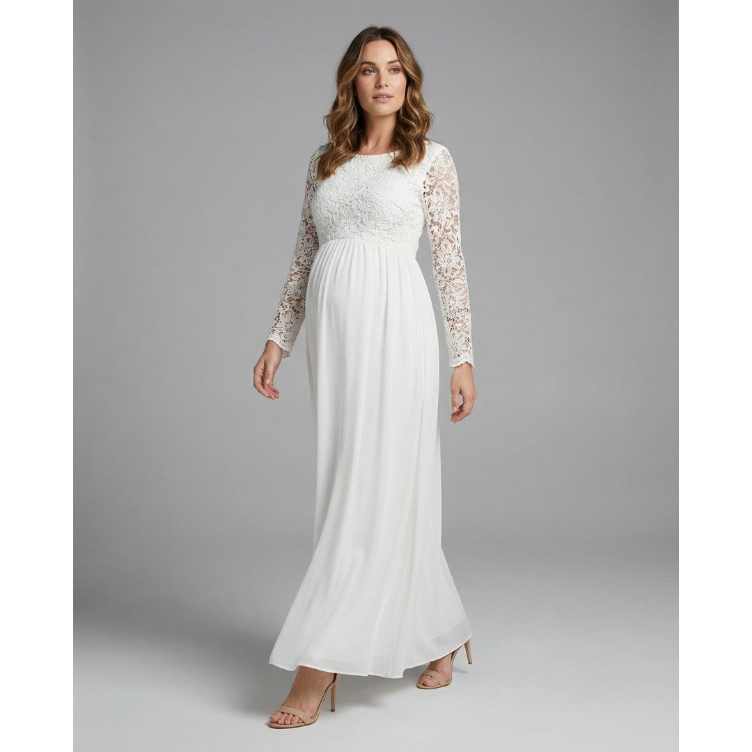 Woman wearing the Kerensa women's maxi crewneck chiffon long-sleeve dress, front view