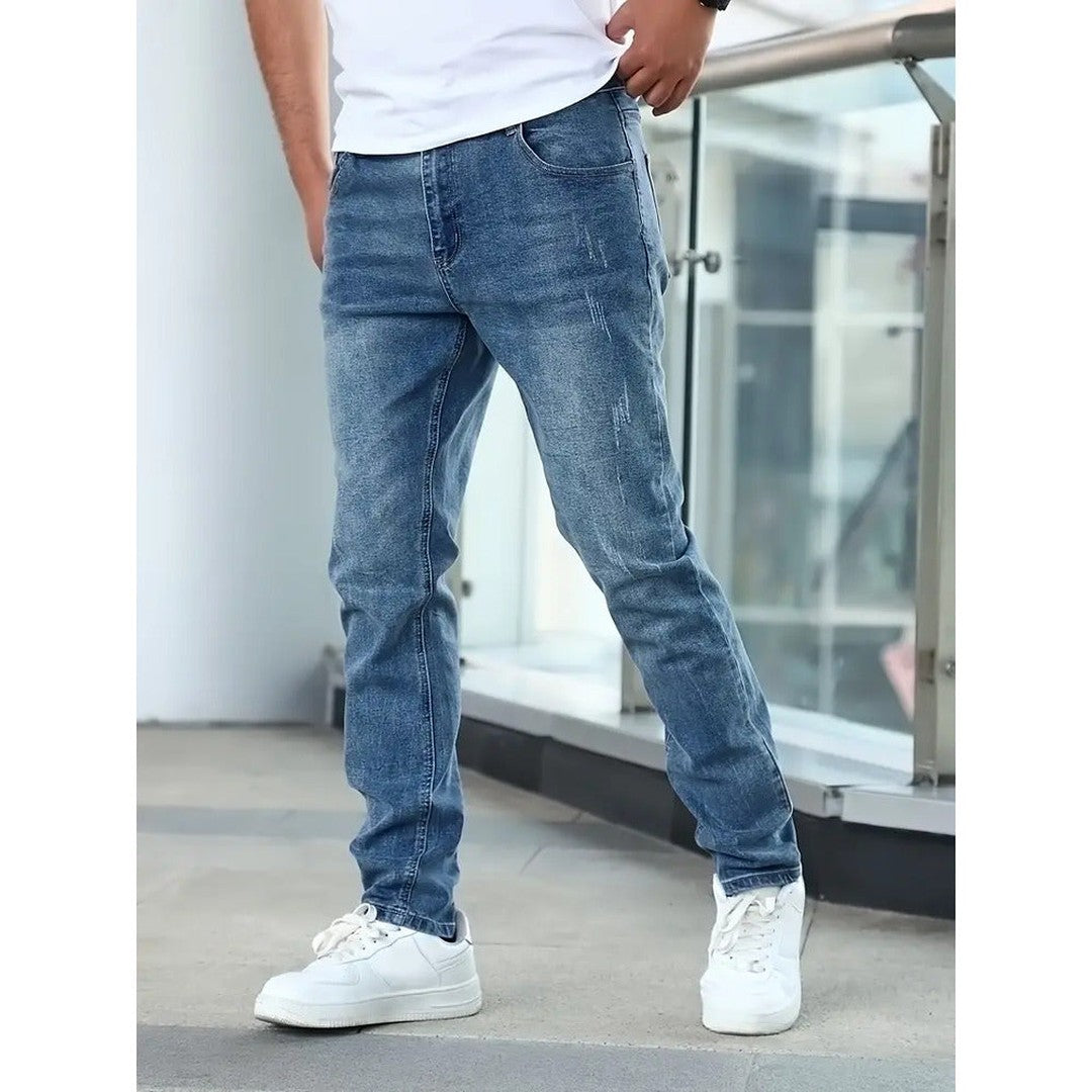 Man wearing the Kian men's denim pocket detail pants, front view
