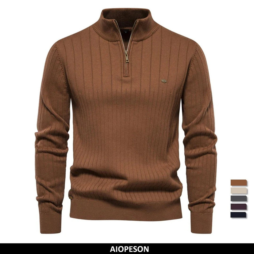 Man wearing the Killian men's cotton zip-up sweater, back view