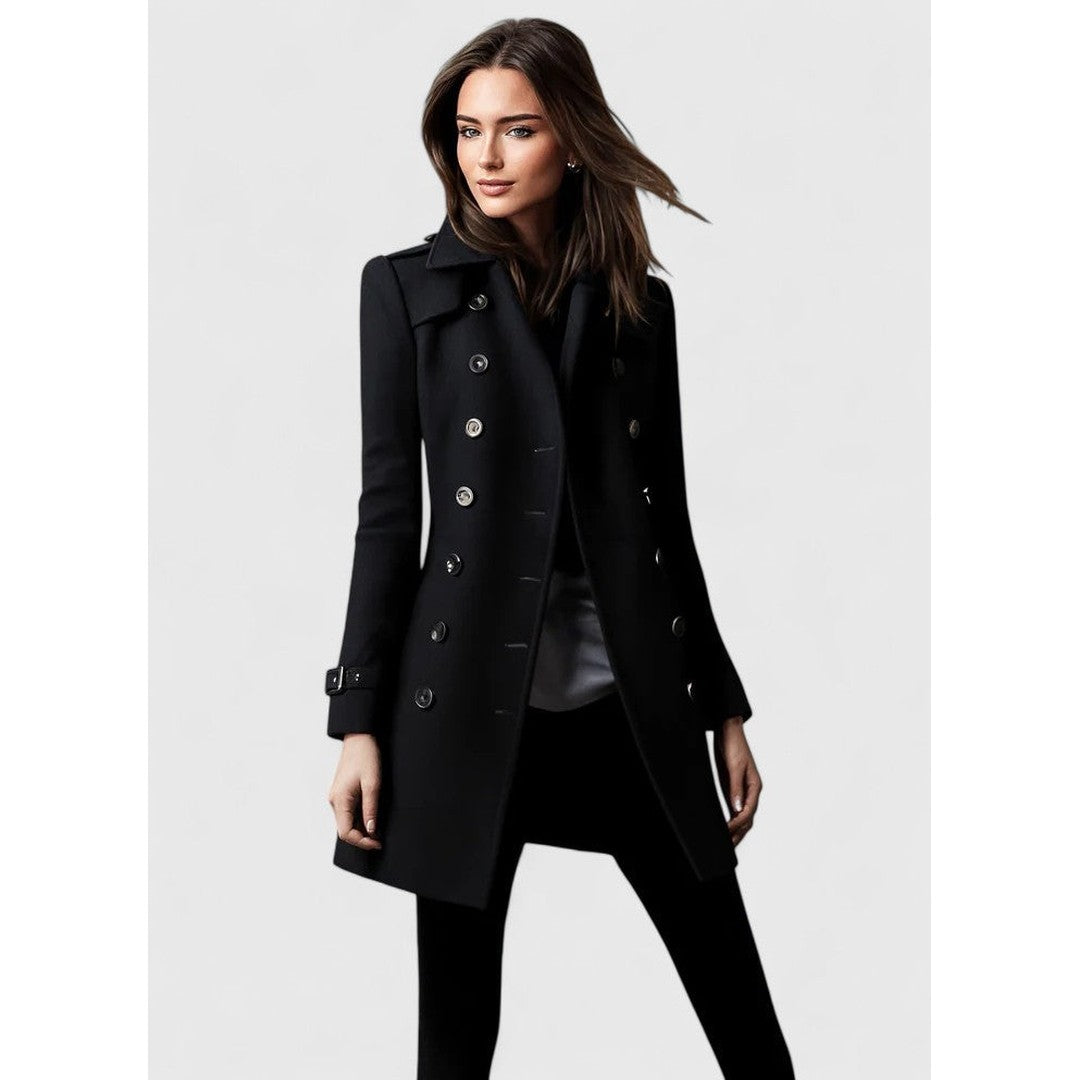 Woman wearing the Kinsley women's elegant coat, back view