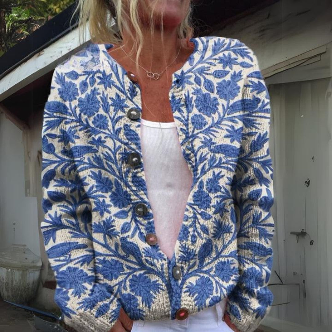 Woman wearing the Lana women's casual long-sleeve sweater, side view