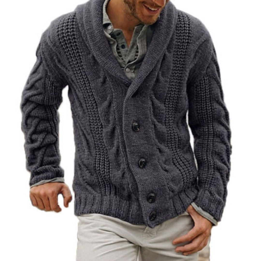 Man wearing the Landon men's wool cardigan, side view