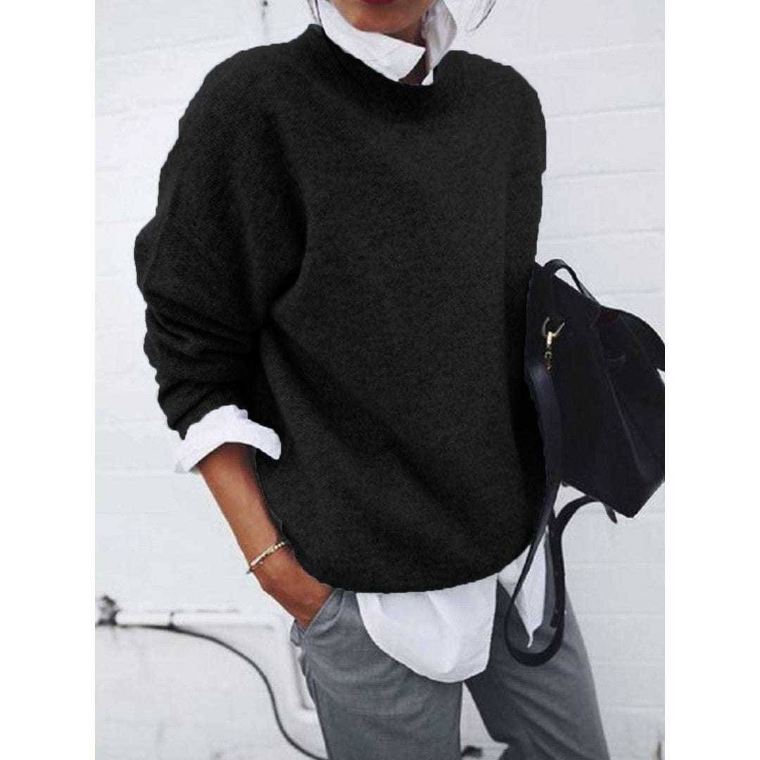 Woman wearing the Lena women's knit long-sleeve sweatshirt, back view
