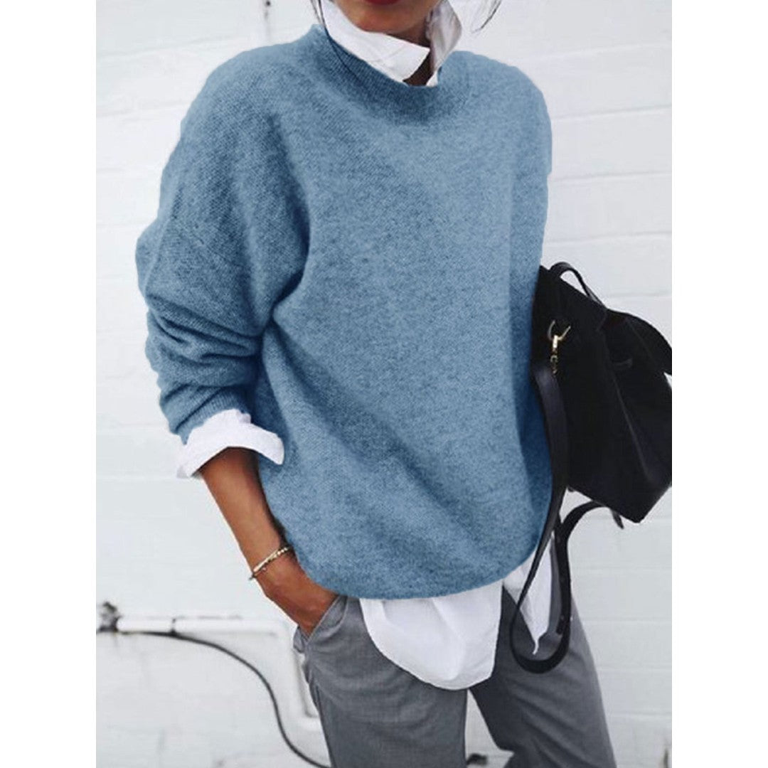 Woman wearing the Lena women's knit long-sleeve sweatshirt, detail view