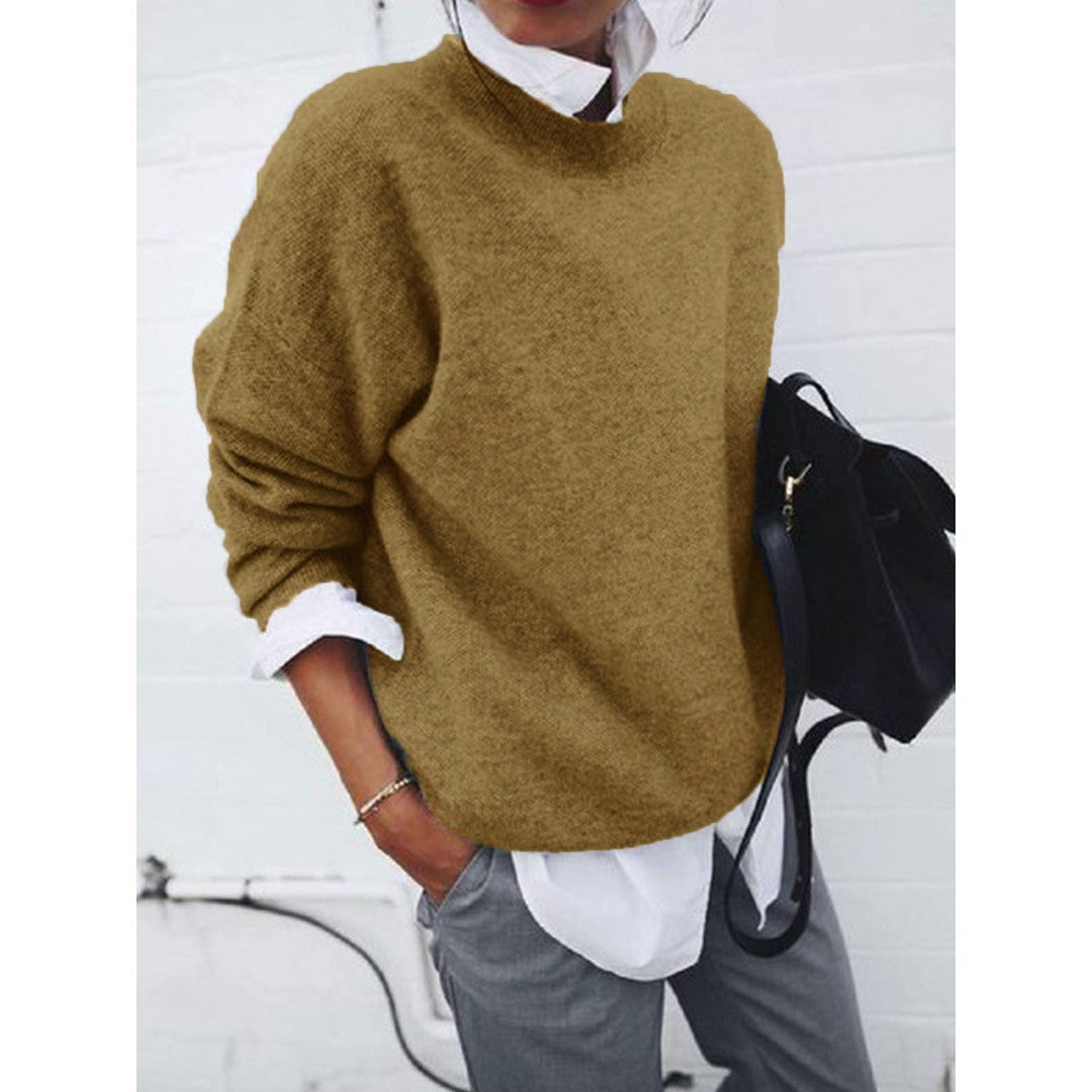 Woman wearing the Lena women's knit long-sleeve sweatshirt, side view