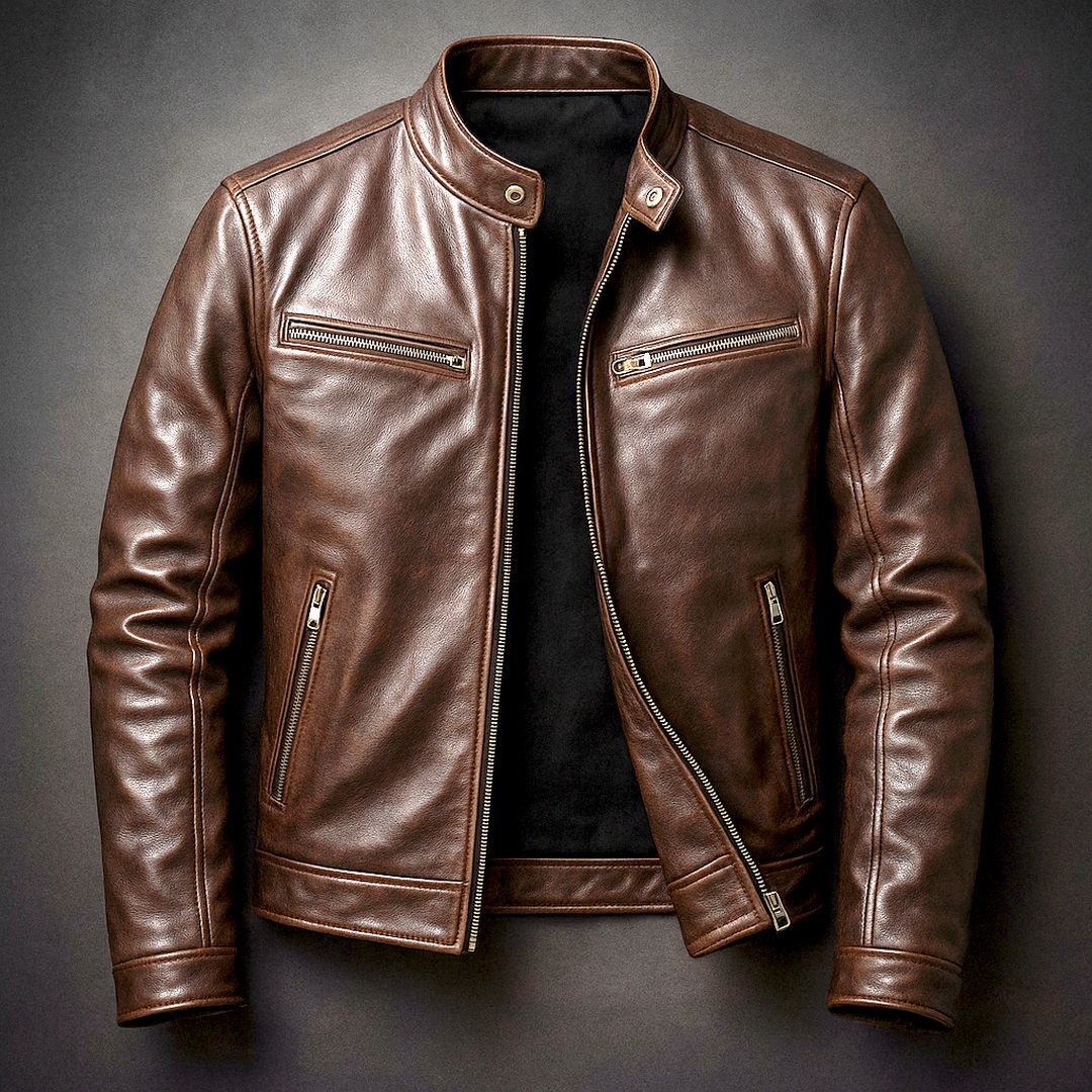 Man wearing the Lennox men's leather vintage jacket, detail view