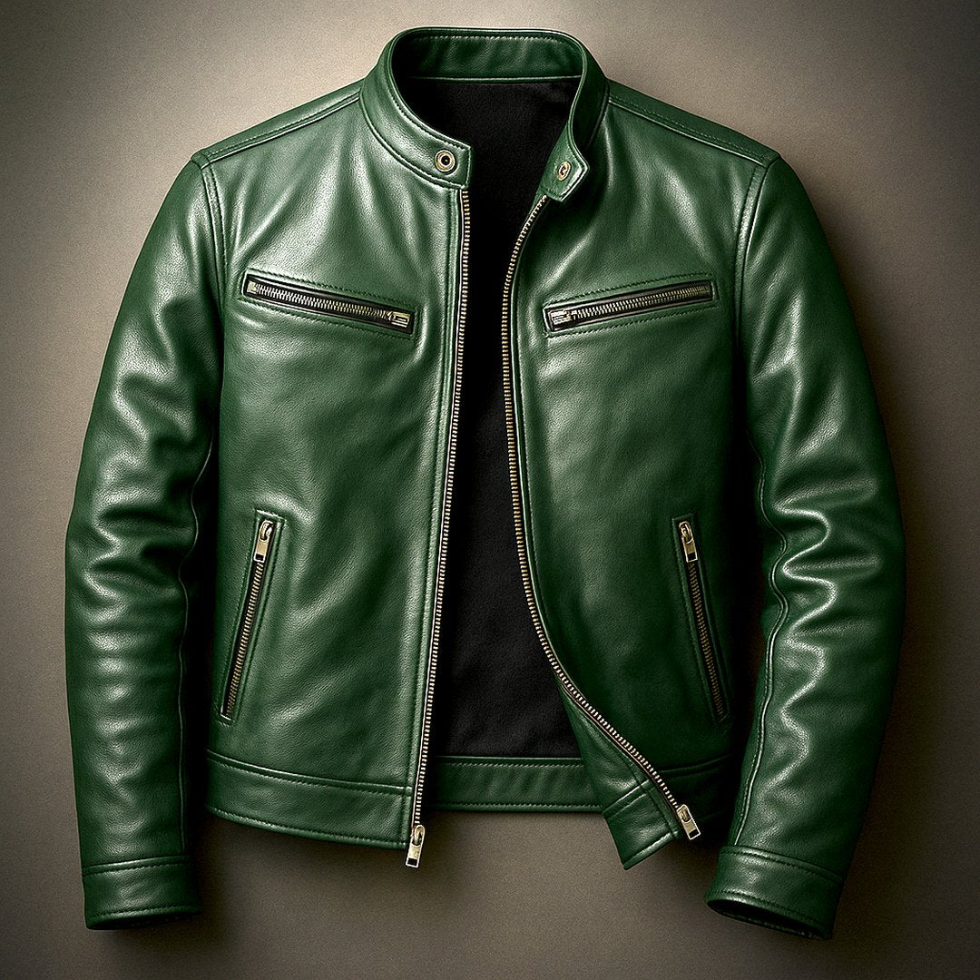 Man wearing the Lennox men's leather vintage jacket, flatlay view