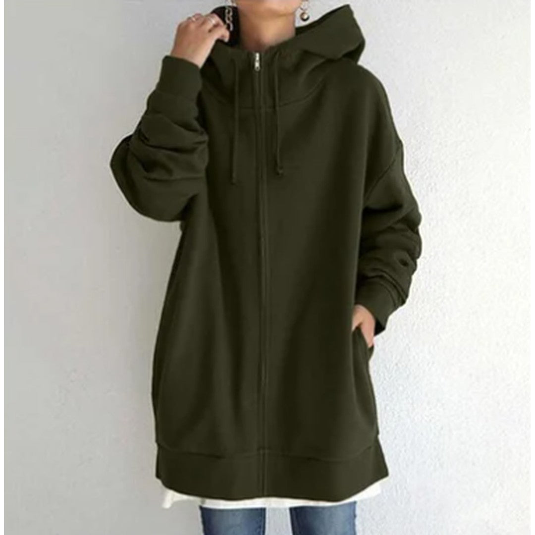 Woman wearing the Lenore women's zip-up hoodie, 13 view