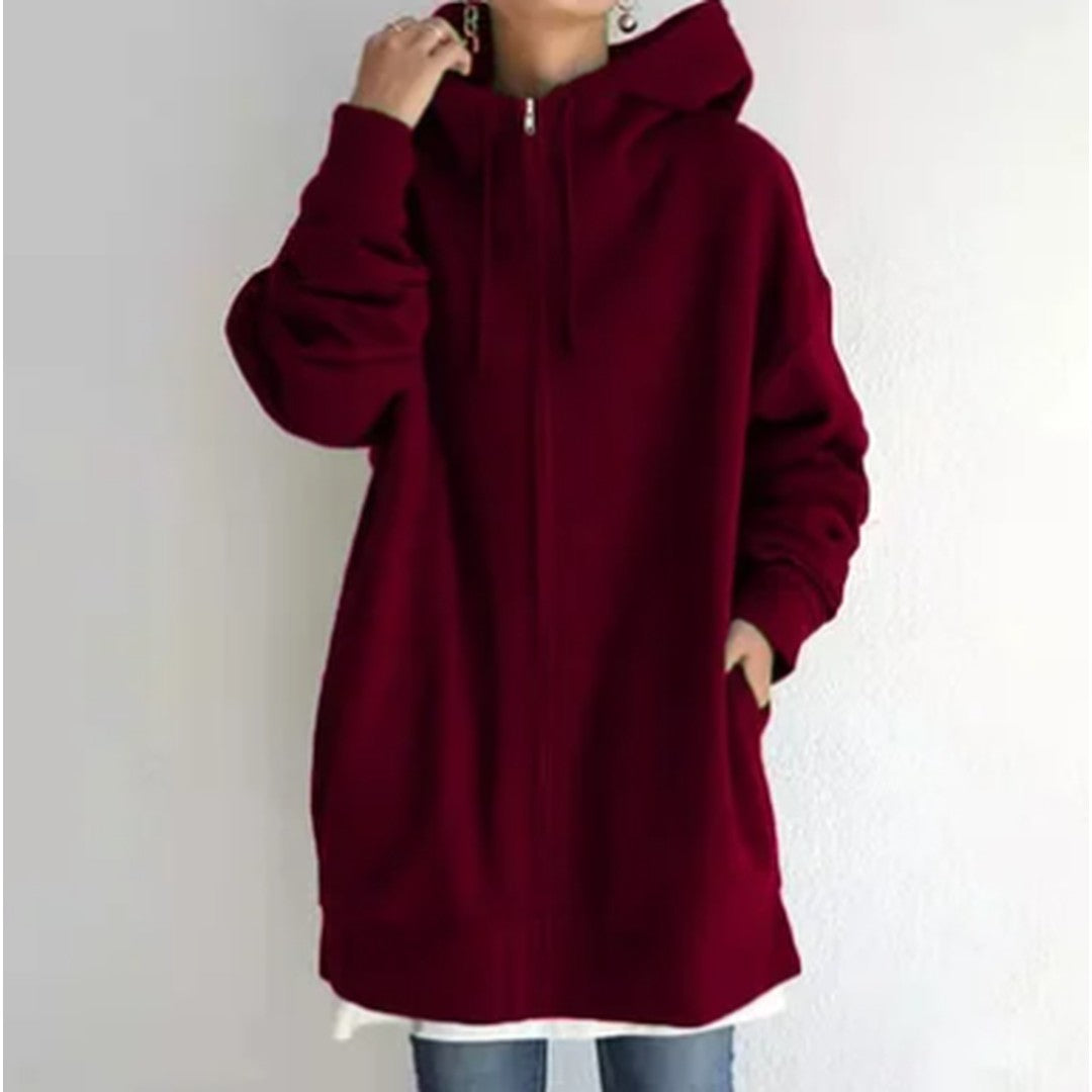 Woman wearing the Lenore women's zip-up hoodie, 16 view