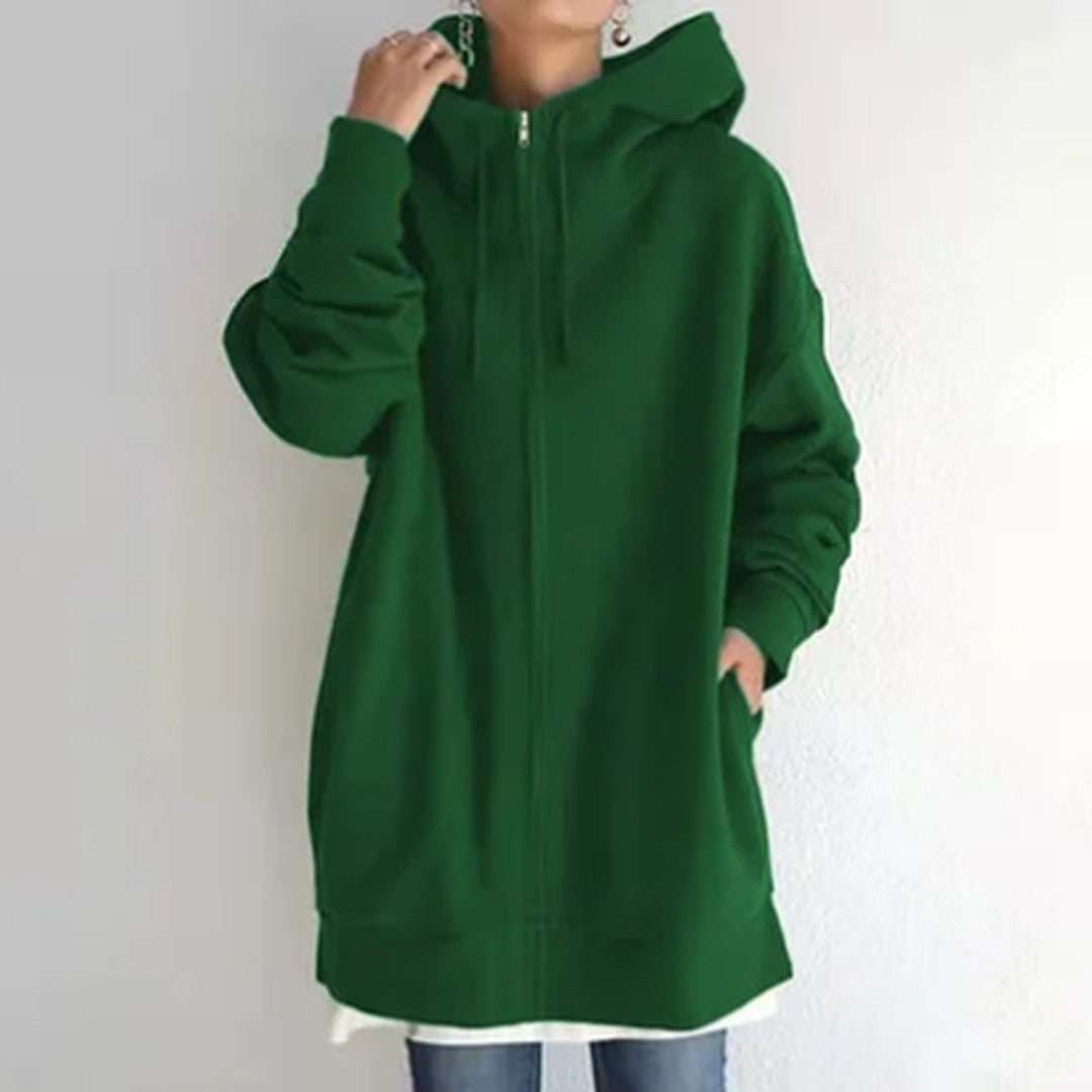 Woman wearing the Lenore women's zip-up hoodie, 8 view