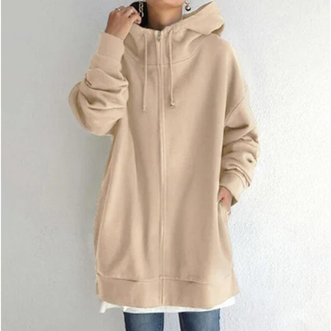 Woman wearing the Lenore women's zip-up hoodie, model view