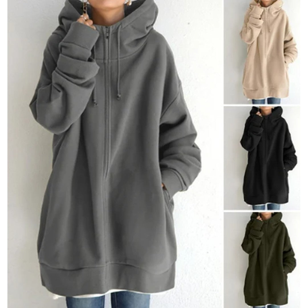 Woman wearing the Lenore women's zip-up hoodie, side view