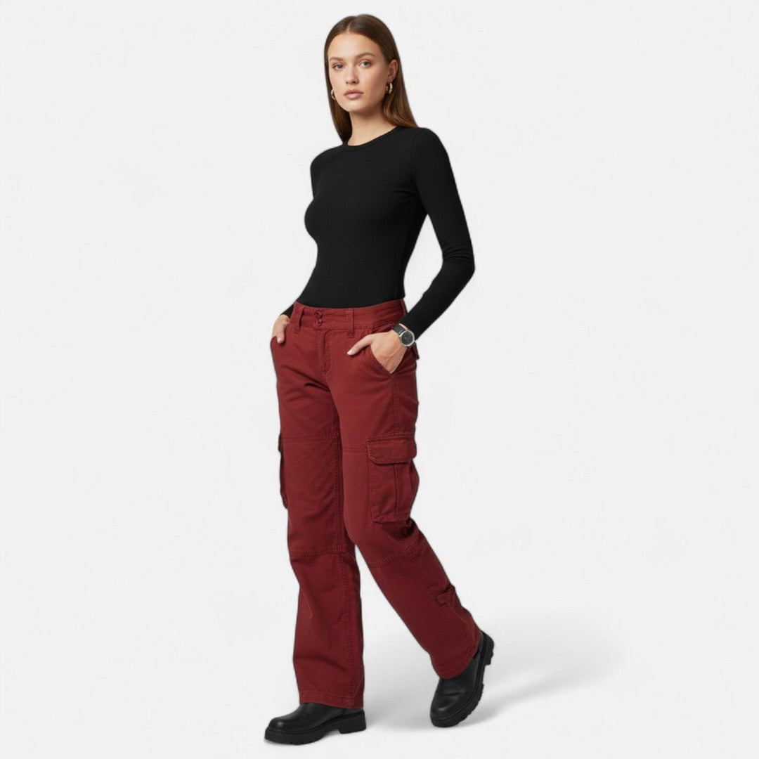 Woman wearing the Leocadia women's wide-leg pants, flatlay view